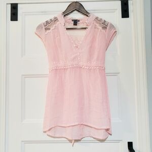 Poetry Womens M Pink Cap Sleeve Empire Top Tie Back Lace Crochet Semi Sheer